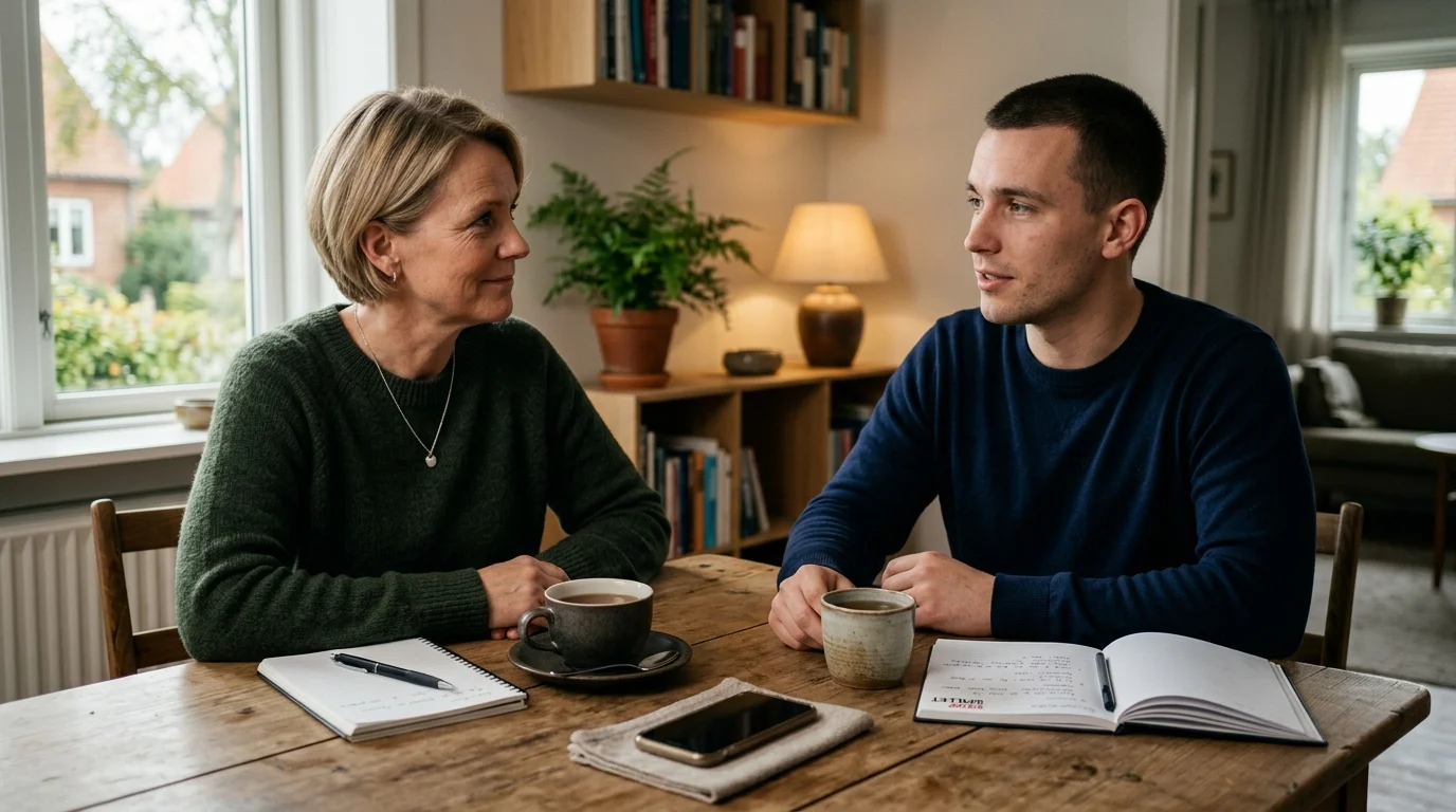 Rolig dansk hjælpesituation med notesbog, telefon uden nummer og støtteperson